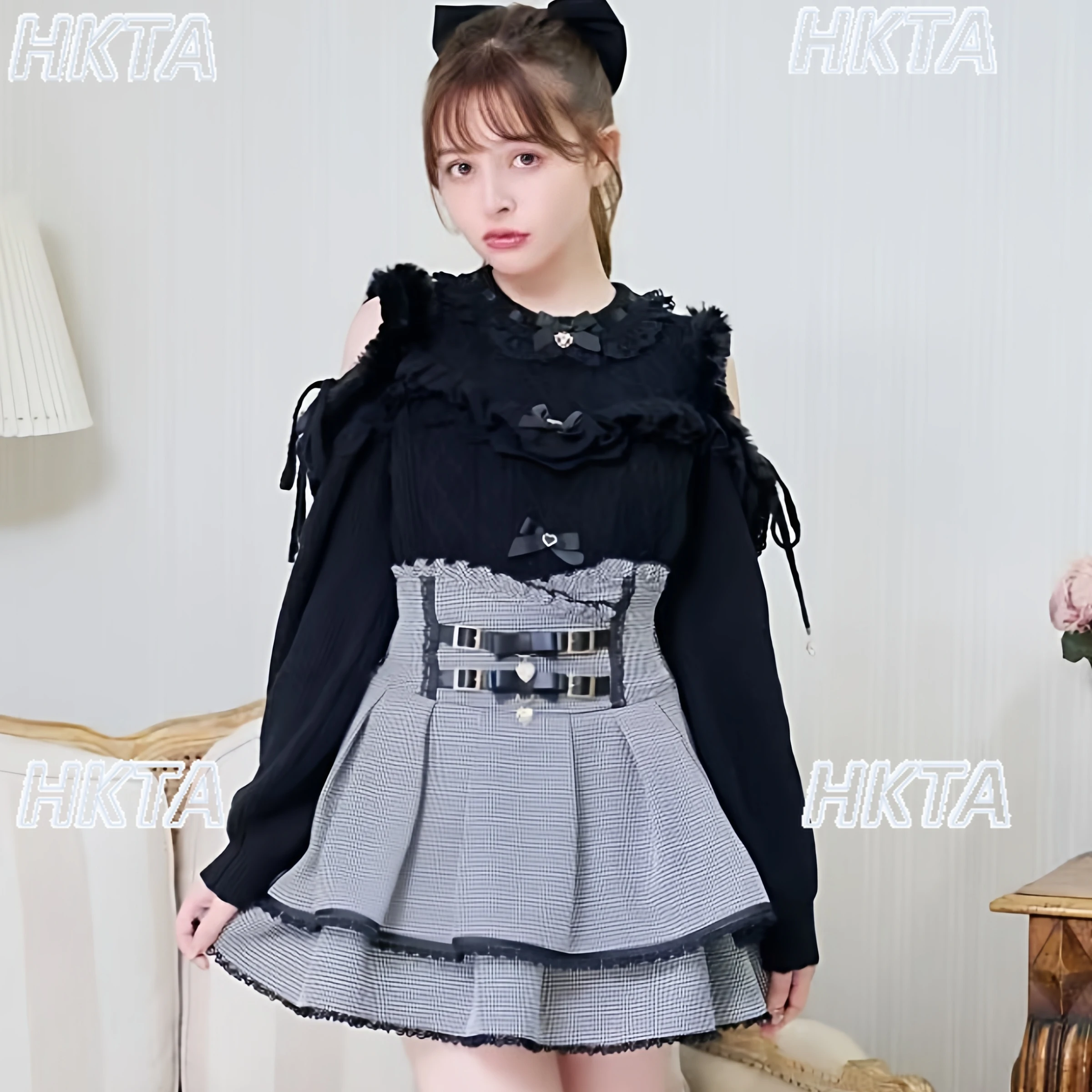 

Japanese Style Liz Sweaters Women Autumn Winter New Wool Sleeve Lace-up Off-shoulder Cute Bowknot Fuzzy Knitted Sweater Top
