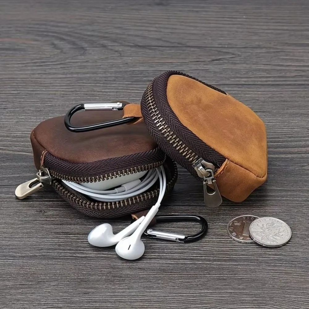 Retro Genuine Leather Coin Purse Mini with Zipper Zero Wallet Key Bag Pendant For Coins Earphones Accessories