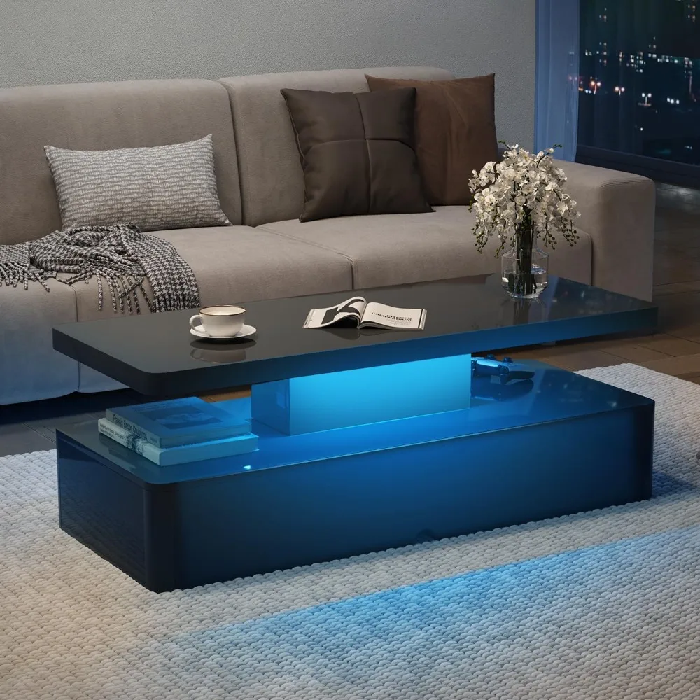 

Modern Coffee Table, 40 Inches Coffee Tables with 16 Colors LED Lights, 2 Tier Rectangular Center Table, Large Storage