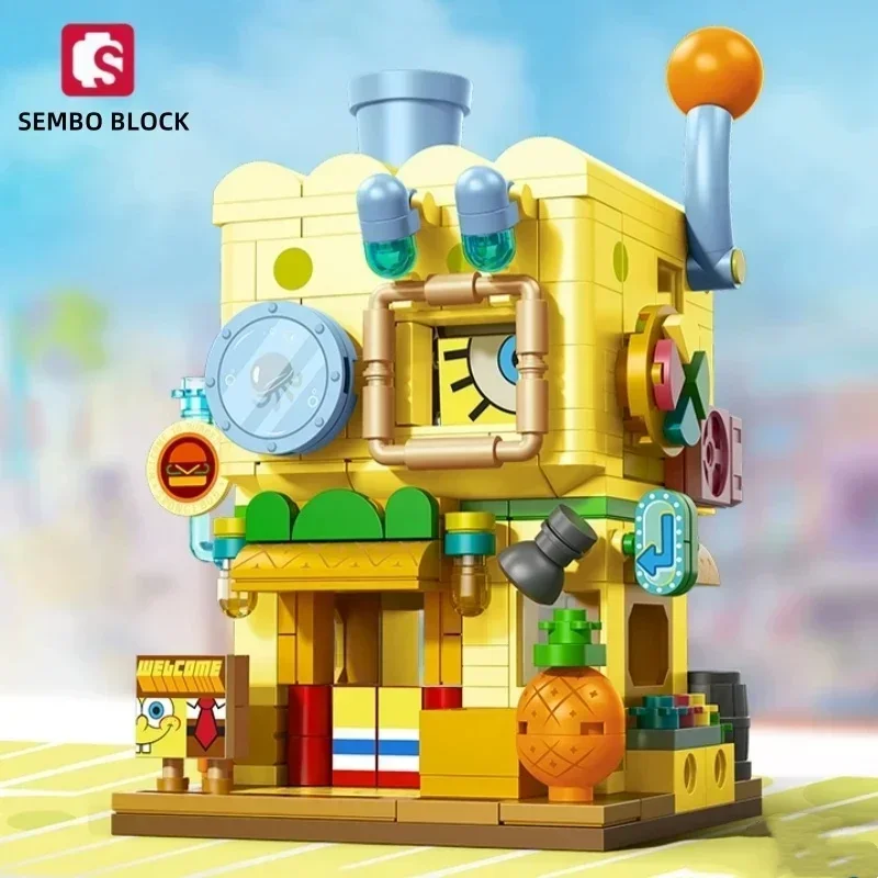 SEMBO BLOCK SpongeBob SquarePants Double-layer Street View Building Blocks Children\'s Assembly Toy Model Ornaments Holiday Gift