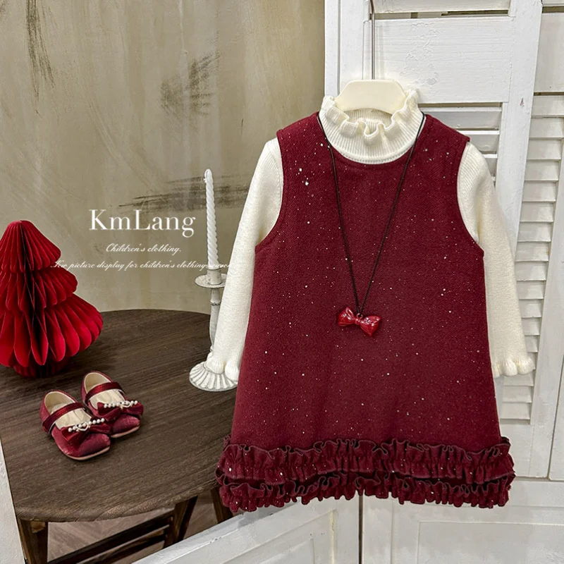 

Girls' Dress2025Winter New Fashionable Children's Vest Dress Set Little Girl Red Quilted Skirt