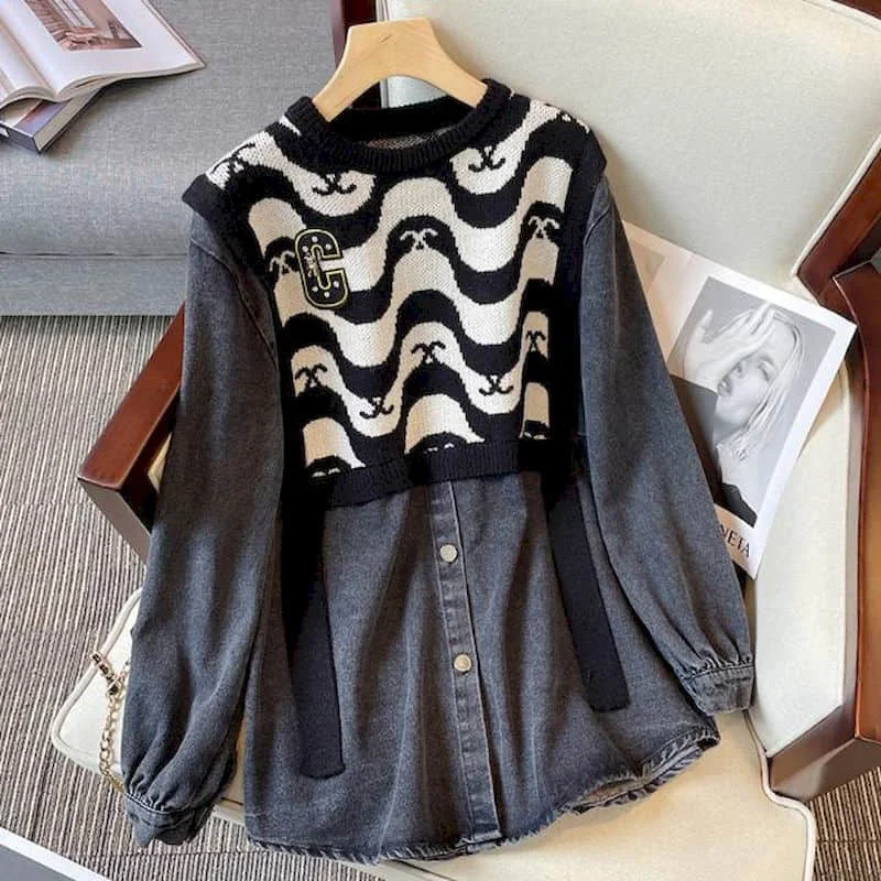 Shirts for Women O-neck Korean Style Oversized Blouse Wave Stripe Knit Patchwork Fake Two Pieces Long Sleeve Casual Women Tops