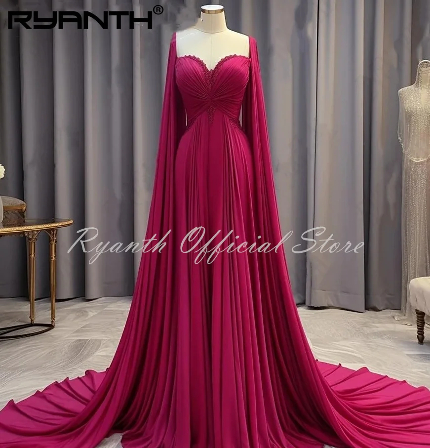 Ryanth 2024 Arabic Women Fuschia Chiffon Evening Dresses Long Cape Sleeves Formal Occasion Dresses Lace V-Neck فساتين سهره فاخره