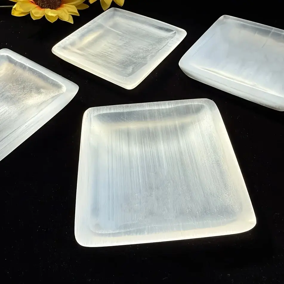 9-10cm Natural White Selenite Square Bowl Gypsum Crystal Bowl Stone Reiki Healing Mineral Specimen Craft Home Decoration Gift