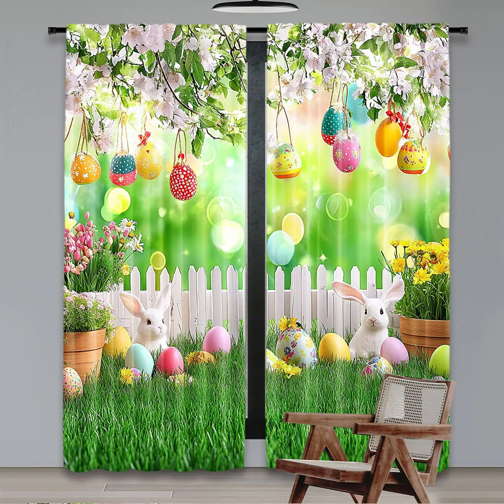 2Pcs Spring Easter Curtain Garden Green Lawn Grass Floral Fence Rabbit Window Drapes Suitable For Bedroom Living Room A