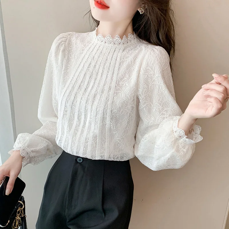 Spring Women’s Long Sleeve White Lace  Blouse Shirt Fashion Stand Up Collar Blouse Women Tops Blusa Mujer Moda 2024 Blusa H474