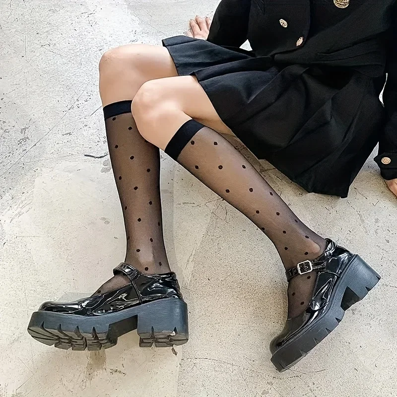 Dot Print Calf Socks Womens Girls Sheer JK Style Ultra-thin Slim Knee High Socks In Tube Socks Women's Stockings And Hosiery