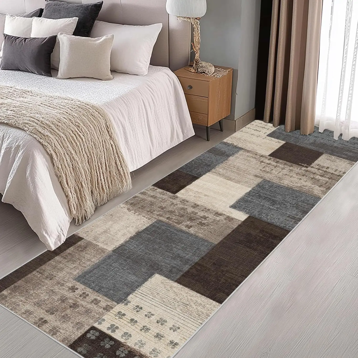 Modern Geometric Runner Rugs Brown Retro Patchwork Area Carpet Living Room Hallway Entrance Door Mat Bedside Office Floor Mat
