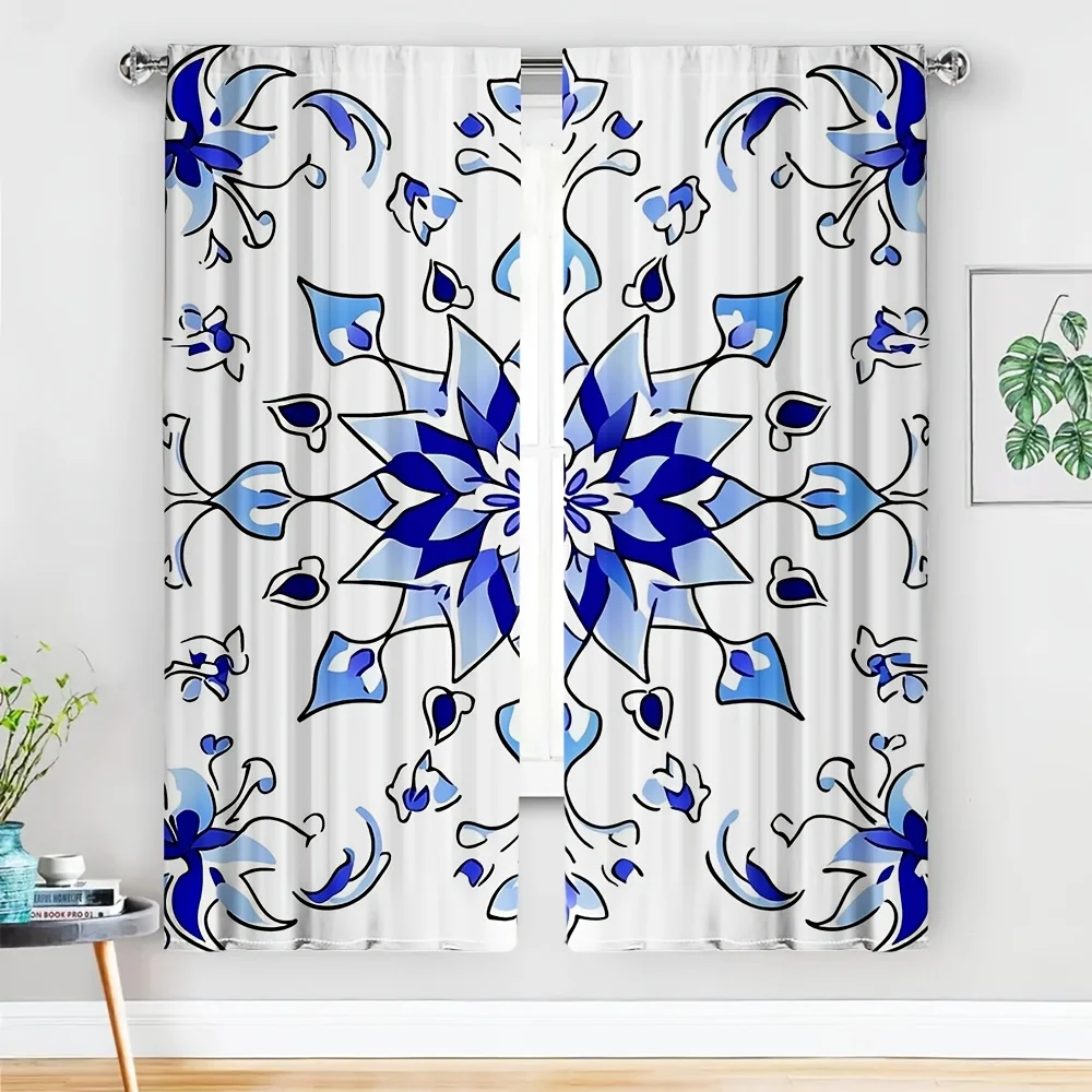 2pcs Turkish Iznik Tile Curtain No Rod — White Base, Cobalt & Azure Blue Floral Motif, Hand-Painted Style for Elegant Home Decor