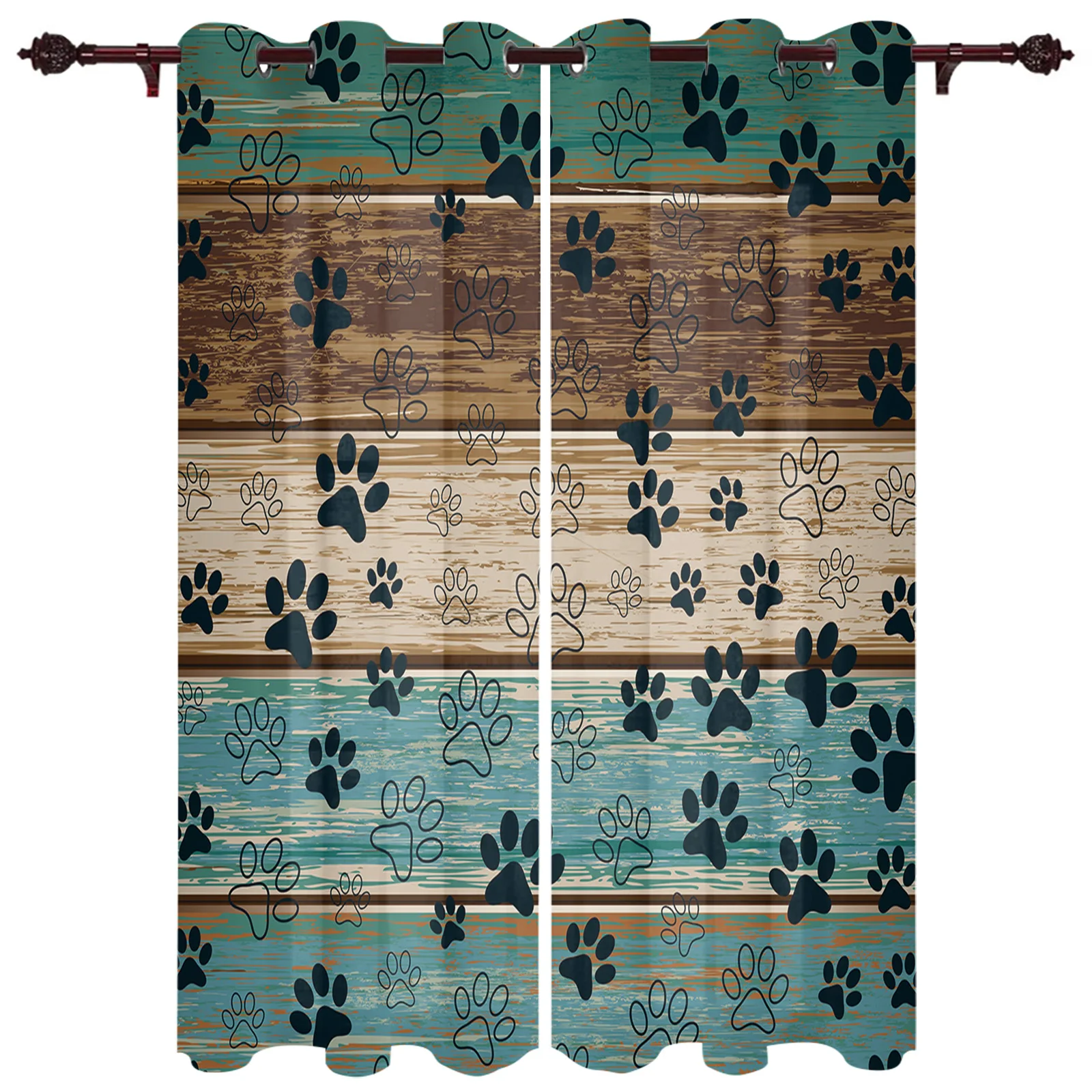 

Paws Blue Wood Grain Window Curtains for Living Room Luxury Bedroom Kitchen Window Treatments Curtains