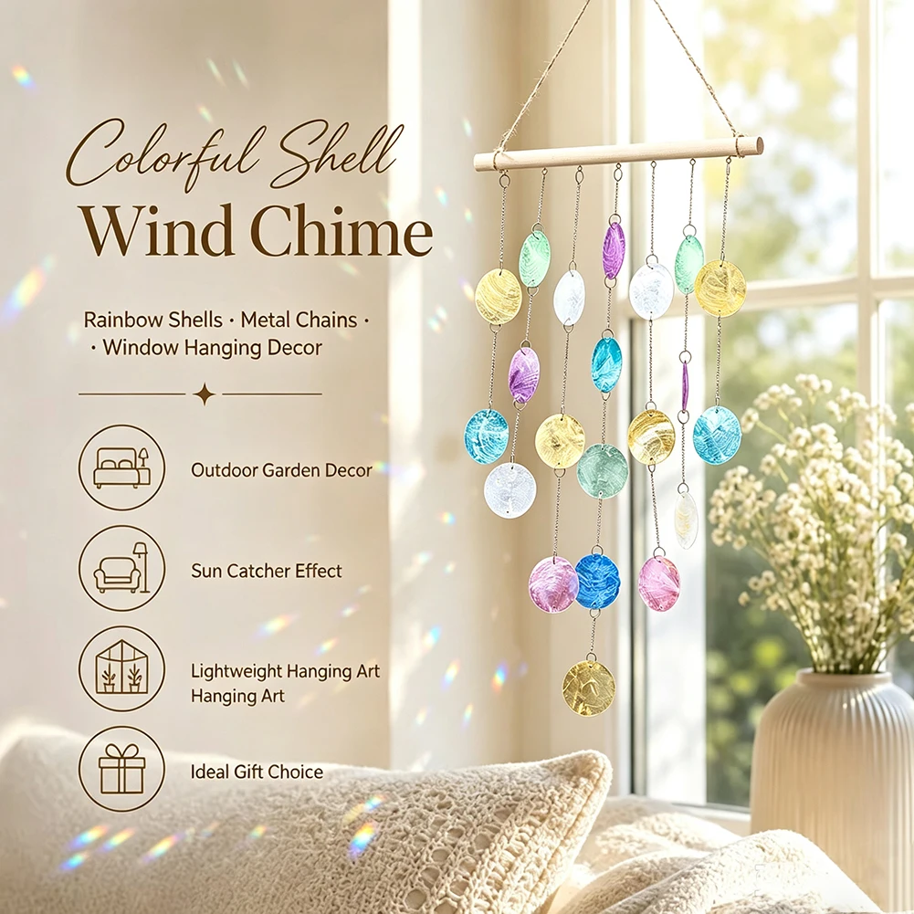 Regenbogenfarbene Muschel-Windspiele, Sonnenfänger, natürliche runde Muschelscheiben, Fensterdekoration zum Aufhängen für den Außenbereich, Garten, Balkon, Heimdekoration – Detail 6