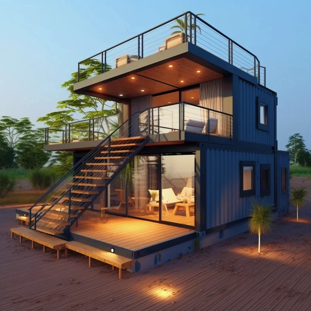 Maison conteneur terrasse du deuxième étage maison extérieure amovible en bois
