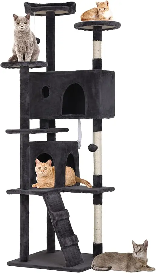 

BestPet | 70" Cat Tree Tower | Dark Gray | Sturdy, Easy to Assemble, Multi-Level Activity Center with Sisal Scratching Posts, Co