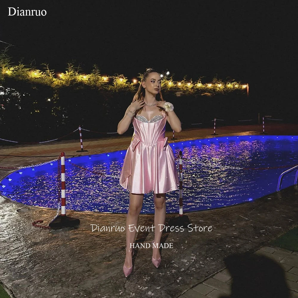 

Dianruo Sweetheart Pleated Mini Prom Dresses Satin Bow Homecoming Dresses A Line Pink Vestidos De Boda Para Fiestas Customized