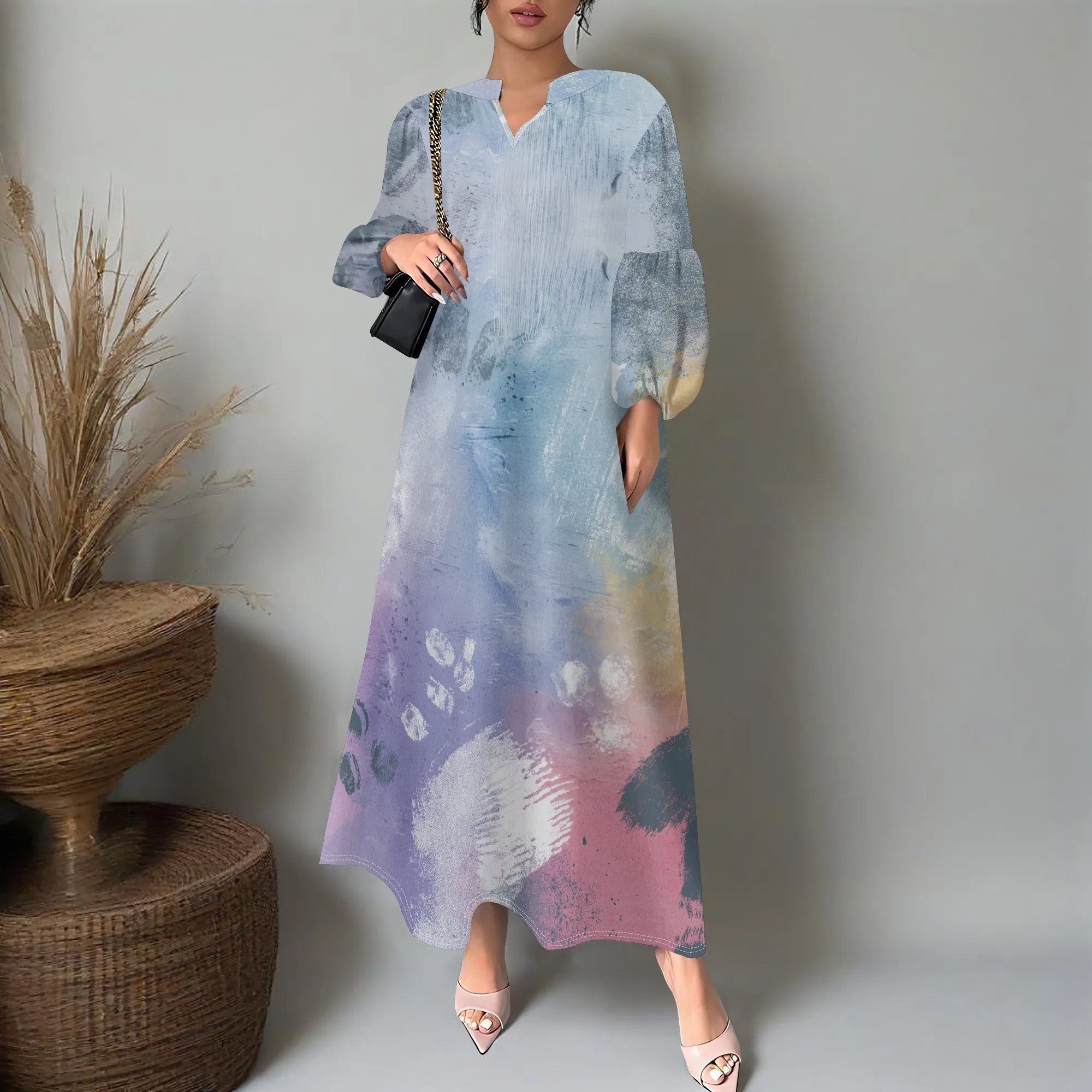 

Watercolor Print Maxi Dress XS-3XL V-Neck Lantern Sleeve Loose Fit Style for Art Festival, Brunch Date or Resort Vacation Look