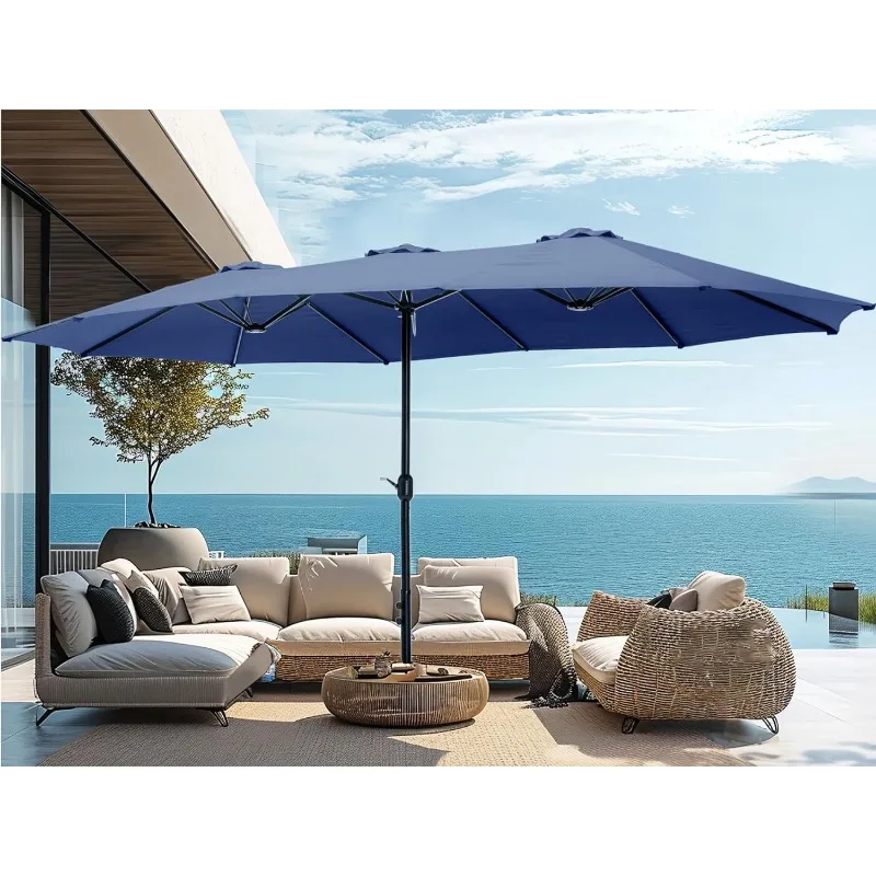 PHI VILLA 15ft Large Patio Umbrellas with Base, Outdoor Double-Sided Rectangle Market Umbrella for Pool Lawn Garden