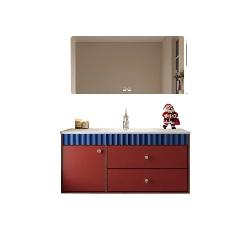 Dopamine color-blocked bathroom cabinet combination slate hot bending Corian integrated basin washbasin