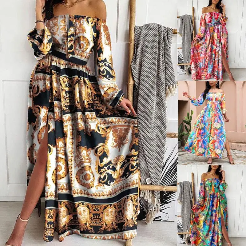 Vestido de Verano Sexy con Estampado Tricolor, Holgado, Estilo Urbano, Cintura Media, Tipo Princesa, Manga Larga, Un Hombro Descubierto, Falda en Línea A