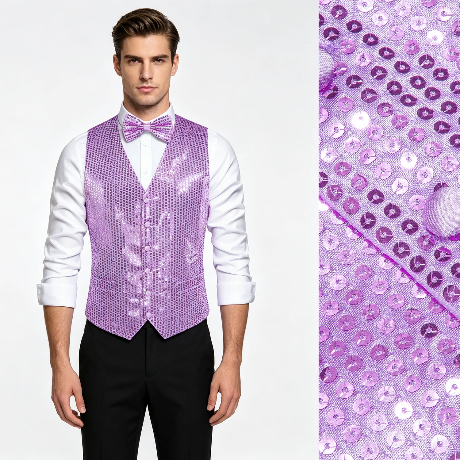 

Formal Sequin Pink Mens Vest Party Wedding Solid Waistcoat BowTie Suit Set Dinner Work