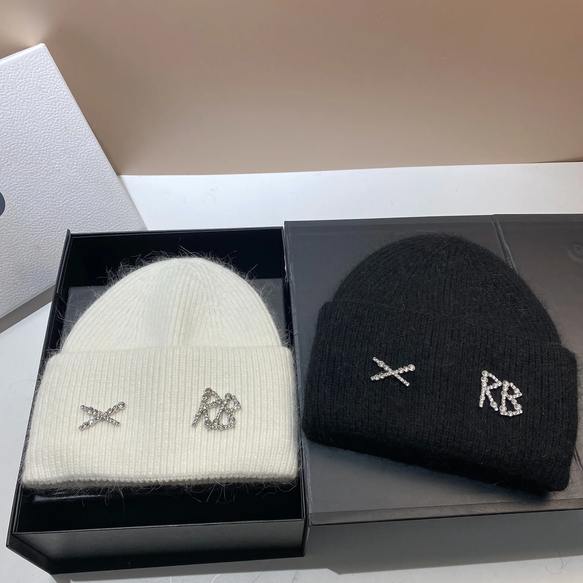 1PC New RB Letters Rabbit Hair Knitted Hat With Winter Windproof Ear Protection Hat Outdoor Thicken Warm Hat