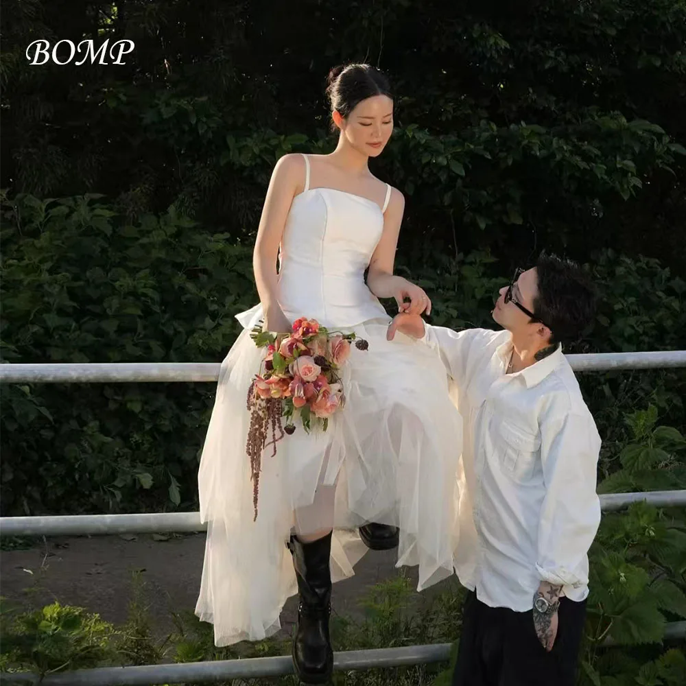 

BOMP Elegant Ivory Wedding Dress Spaghetti Strap Floor Length Tiered Taffeta Korea Photo Shoot Bridal Reception Gown Custom