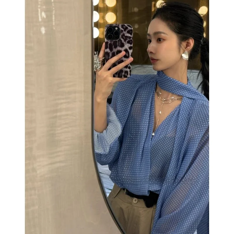 Blue V-Neck Polka Dot Shirt Women's Early Autumn Loose Casual Slimming Long Sleeve Versatile Top Korean Style Pure Desire