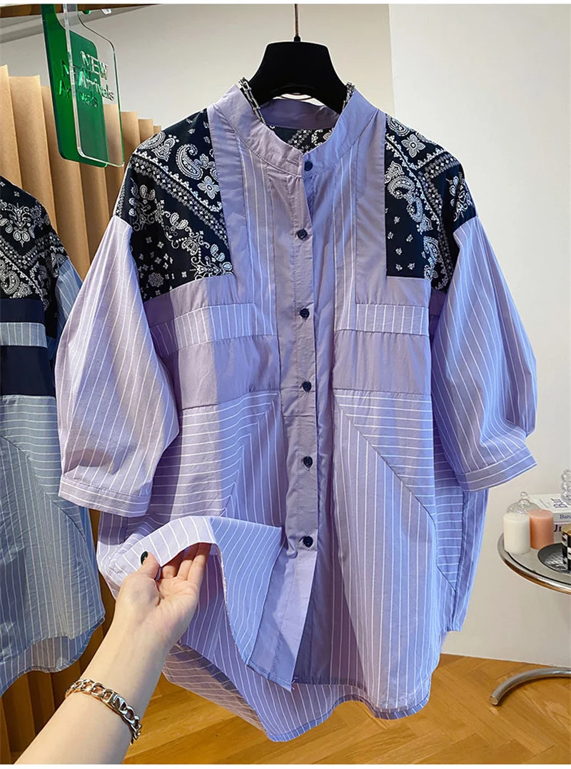 

Shirts Women Clothing Shirts & Blouses High-grade Loose Retro Ethnic Print Blue Striped Shirt Short-sleeved Blouse for Women