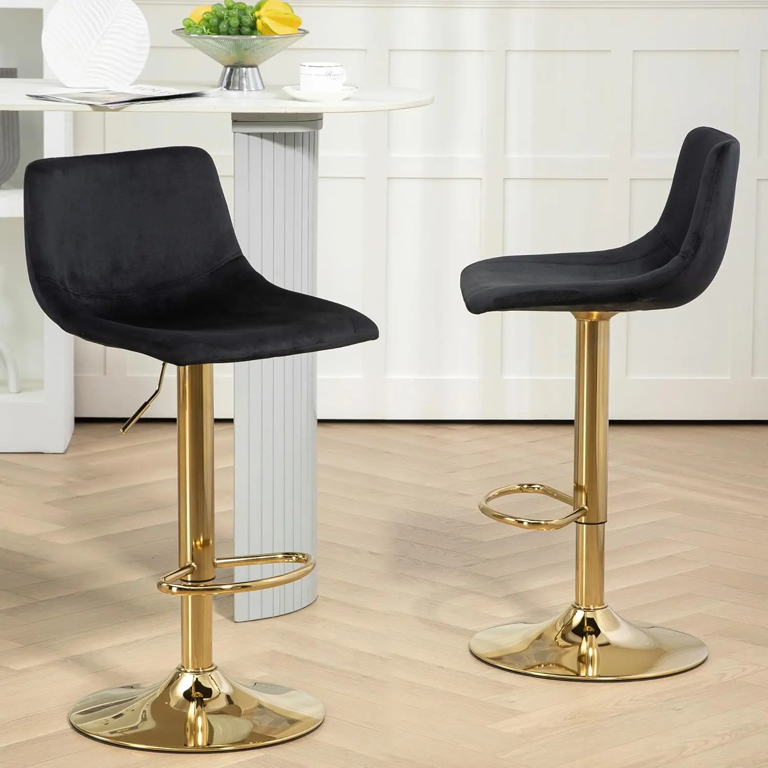 Gold Velvet Bar Stools Set of 2, Swivel Barstools with Footrest and Low Back, Adjustable Counter Height Armless Upholstered