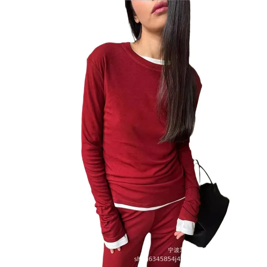 Ribbed Casual Set Full Length Japanese Korean Casual with Full Length Pants Regular Sleeve Long Sleeve Autumn Women Sets