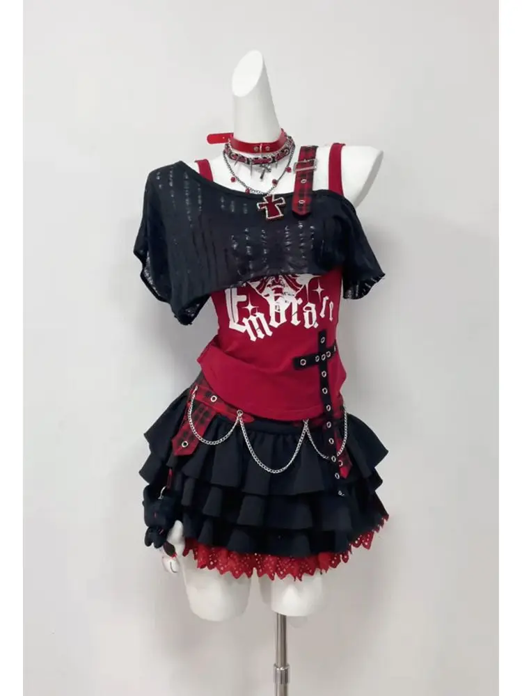 Punk Princess Gothic Subculture 3pcs Set Women Off Shoulder Cross Chain Detail Crop Top Ruffle Mini Skirt Y2K Harajuku Outfit