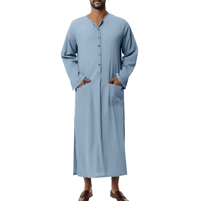 Men Robe Long Sleeve Kaftan Button Closure Solid Color Slit Lightweight Thobe Arabic Clothes Streetwear Homewear