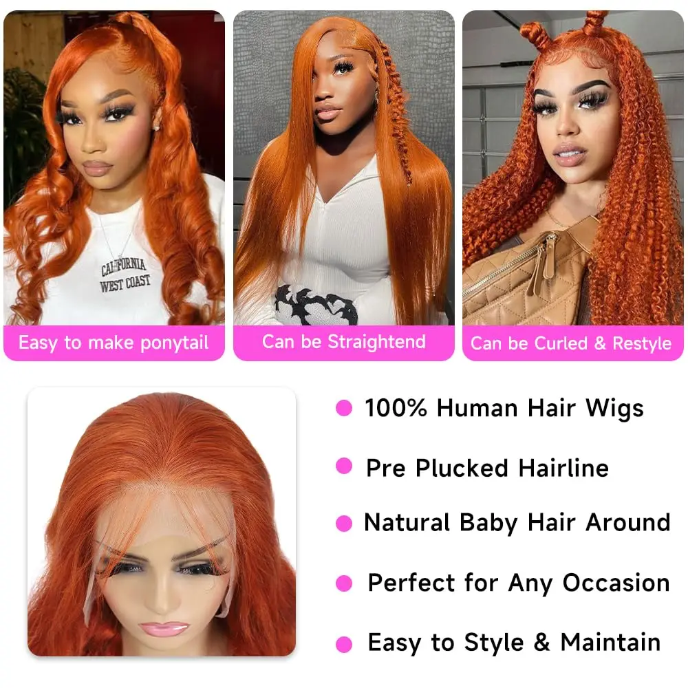 Loose Body Wave Lace Frontal Curly Perucas, Cabelo Humano, Peruca Colorida Glueless, Gengibre Laranja, HD, 30 ", 13x6