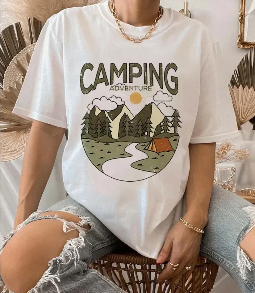 Fashion Style Short Sleeved Clothing O-Neck T-Shirt Women\'s Mountain Camping Pattern Basic T-Shirt Printed Casual Top T-Shirt.