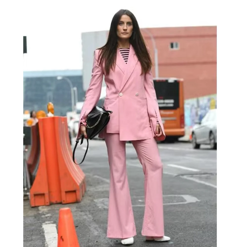 Tesco Pink Women Suit Pants Sets 2025 Formal Women's Suit for Wedding Guest Outfit Office Lady Suit Jacket and Flare Trouserss