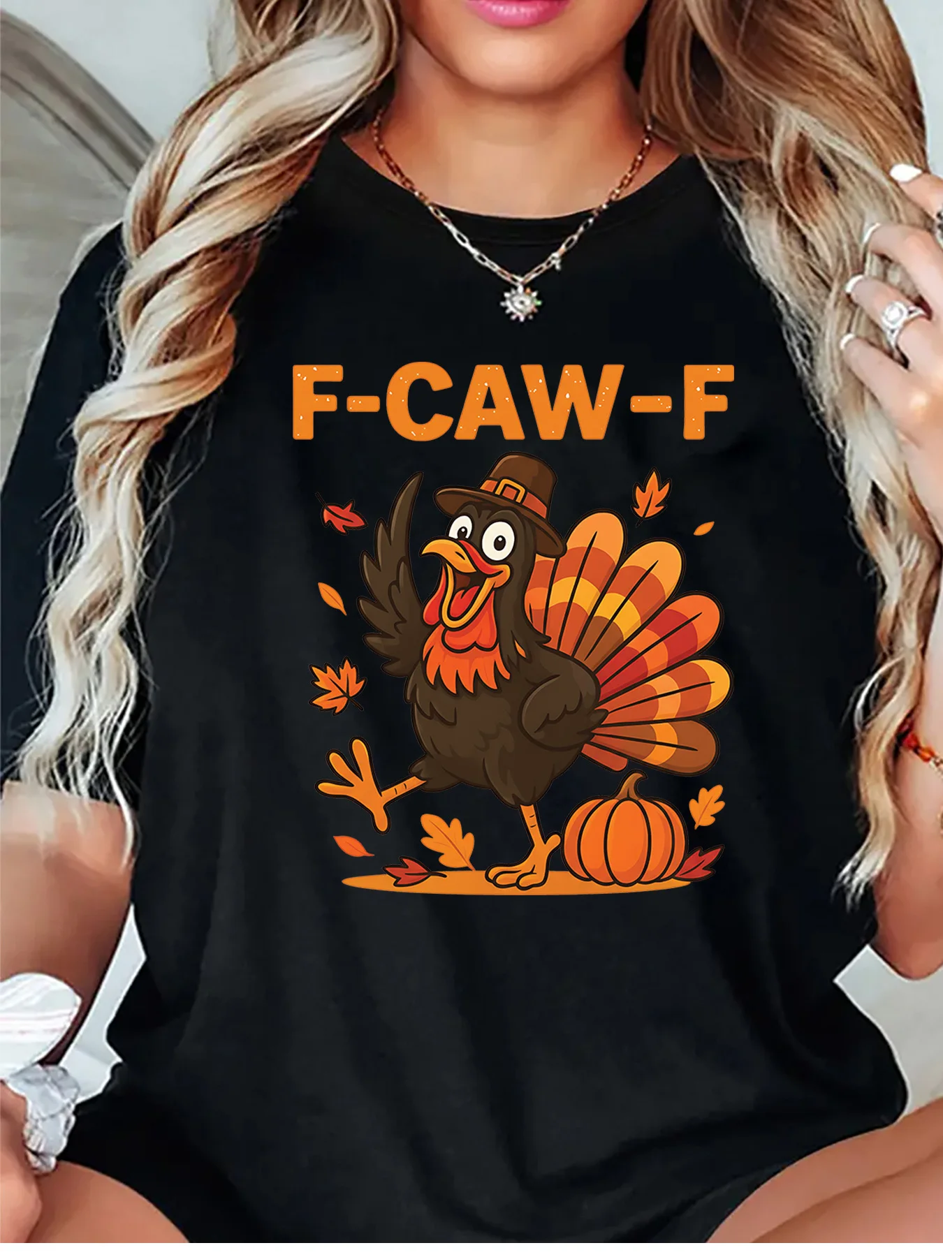 F Caw F Funny Thanksgiving Turkey Pilgrim Hat Graphic Womens T Shirt Short Sleeve Crew Neck Daily Casual Ladies Tee Tops