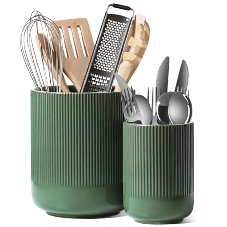 Utensil Holder for Kitchen Counter, 7.3"+5.4" Fluted Ceramic Utensil Crock Organizer for Countertop, Heavy Large Holder for Spa