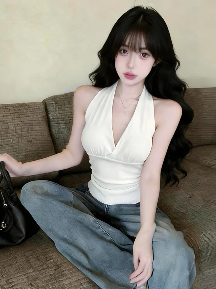 Sexy V-Neck Backless Vest with Chest Pad Trendy Slimming Design Breathable Casual Short Top for Young Women Summer Fashion