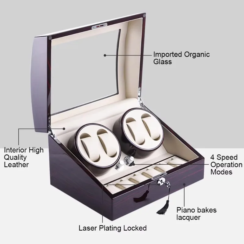 Watch Winders 4 Slots Lacquer Wood Rotate Electrical Watch Boxes Silent Motor Display Clock Luxury US Plug Watch Case Box