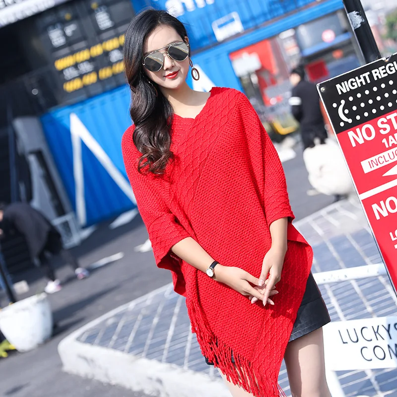 European American Autumn Winter Fashion Leisure Tassel Knitted Shawl Sweater Shawl Women Winter Lady Cloak White