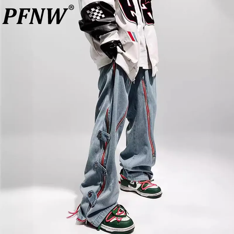 PFNW Menswear Hip Hop Trendy American Vintage Jeans Straight Loose Vent Zipper Open Design Denim Long Pants Tide New 12C1645