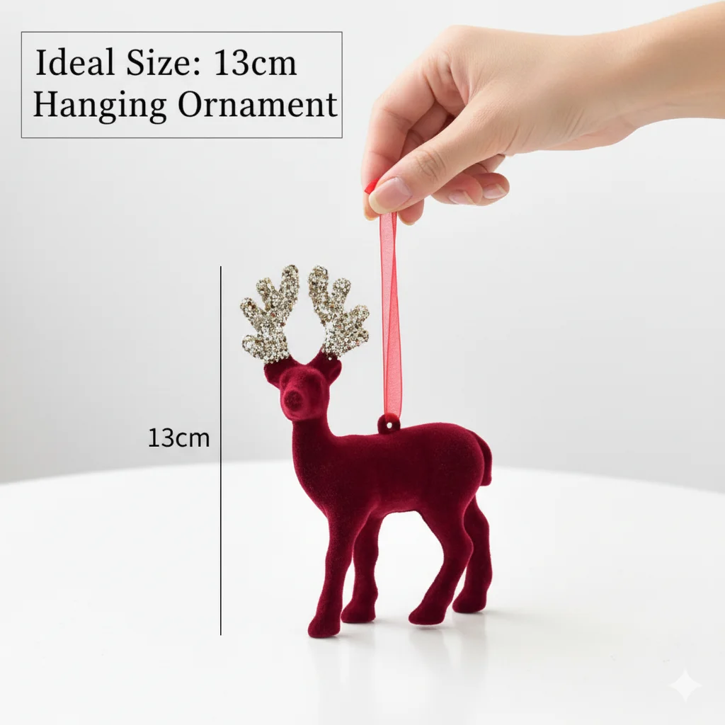 Velvet Wine Red Christmas Reindeer Ornament Set Glitter Horn Elk Decoration For Tree Table Home Indoor Holiday Party Decor
