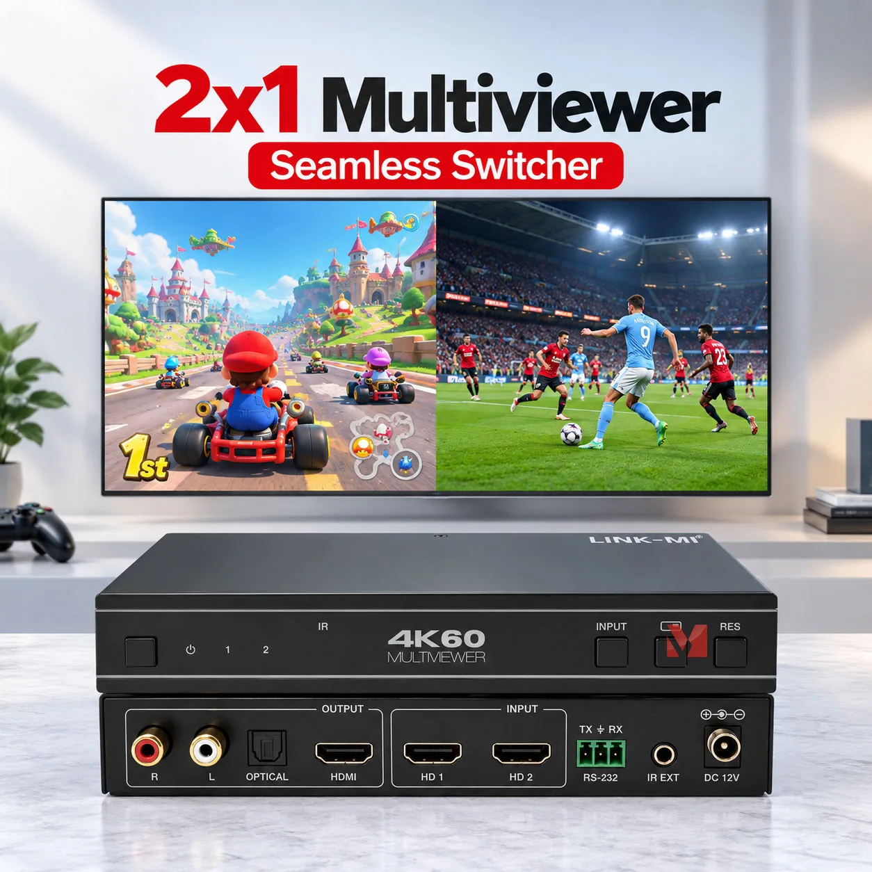 4K60 2x1 HDMI Multiviewer Seamless Switcher HDMI 2.0b UHD Video Switch with Audio RS232 PIP PBP EDID Control 18Gbps
