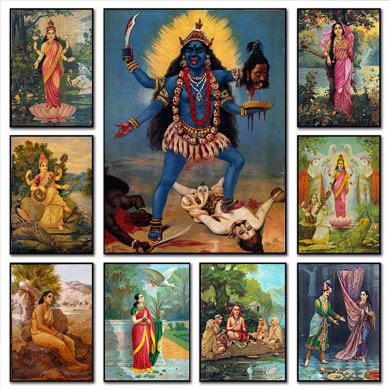 Kali Trampling Shiva By Raja Ravi Varma Canvas Painting Hindu Goddes Poster Prints Vintage Wall Art Picture for Home Room Dec