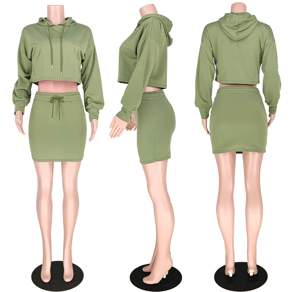 Winter Women Long-Sleeved Dress Set Fashion Long-Sleeved Hooded Top + Casual Skirt Outfits Ladies Sexy Solid Color Two-Piece Set