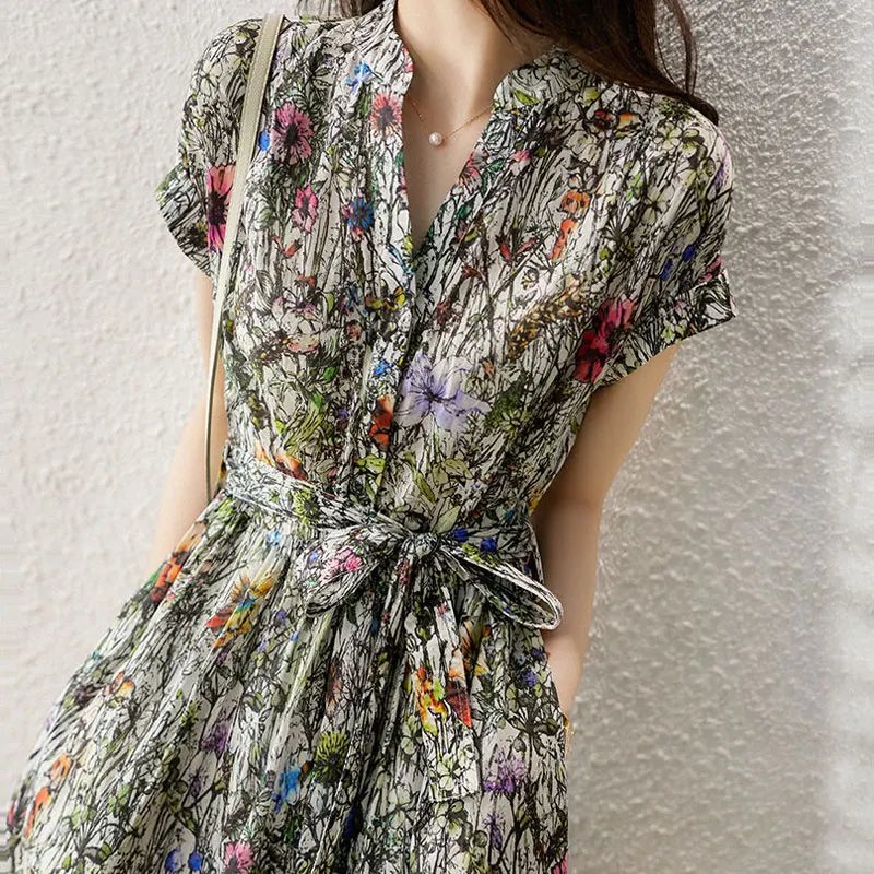 

Fashion Vintage Printed Dresses Summer Short Sleeve Elegant V-Neck Female Clothing Commute A-Line Drawstring Bow Midi Dress 2023