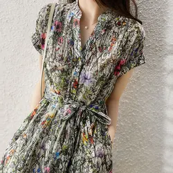 Fashion Vintage Printed Dresses Summer Short Sleeve Elegant V-Neck Female Clothing Commute A-Line Drawstring Bow Midi Dress 2023