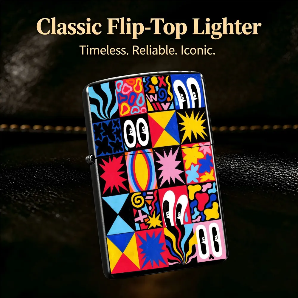 Pocket Lighter, Flip-Top Windproof Design, Metal Shell, Colorful Letter Print Pattern, Ergonomic Grip, Durable & Reliable - Perfect for Daily Use