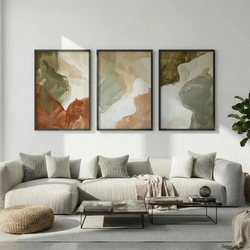 Set aus 3 Olivgrünen, Salbeigrünen und Terrakotta-farbenen Postern, Moderne Organische Wohnzimmer-Wandkunst, Ruhige Erdtöne Minimalistischer Kunstdruck