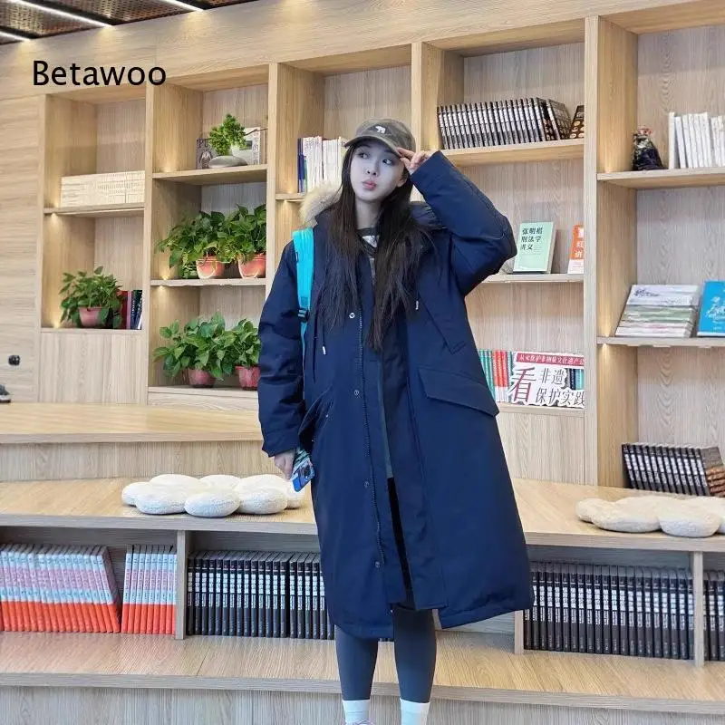 Women Over Knee Parka Coat with Faux Fur Collar Fleece Lined Cargo Winter Padded Outerwear