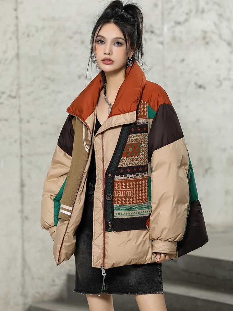 

Oversize Knitted Spliced Down Jacket Women Large Pockets Winter Coat Zipper Patchwork Puffer Jacket High Quality Windproof